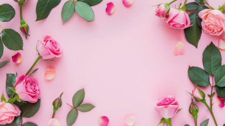 A stunning arrangement of delicate pink roses surrounded by green leaves on a soft pink background, perfect for floral designs and celebrations.の素材