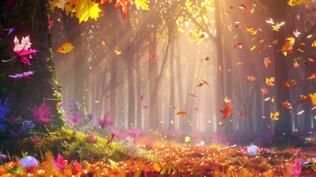 A breathtaking autumn forest scene featuring vibrant leaves falling and soft sunlight filtering through tall trees. The enchanting atmosphere captures the essence of fall.の素材