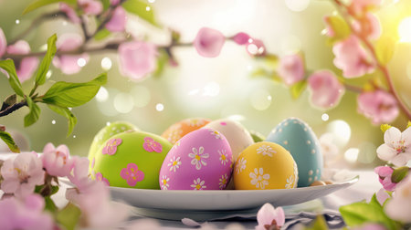 A charming display of colorful Easter eggs on a plate, surrounded by delicate flowers, captures the essence of spring and celebration, evoking joy.の素材