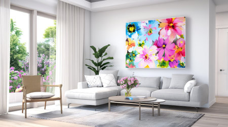 This image showcases a vibrant floral artwork in a modern living room, featuring stylish furniture and an abundance of natural light, creating a cozy and inviting atmosphere.の素材