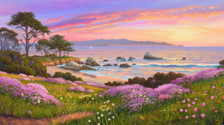 A breathtaking coastal view showcasing vibrant wildflowers in the foreground, with a tranquil ocean and a colorful sunset illuminating the sky.の素材