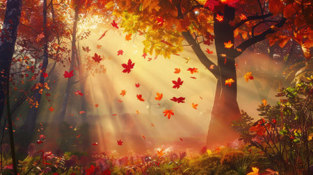 Explore a picturesque autumn forest where vibrant leaves dance in the air, illuminated by warm sunlight. A serene escape into nature awaits.の素材