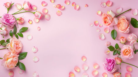 A stunning display of pink and peach roses surrounded by delicate rose petals on a soft pink backdrop, perfect for floral-themed projects and designs.の素材