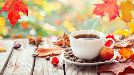 A serene scene featuring a white cup of coffee resting on a bed of coffee beans, adorned with vibrant autumn leaves and a fresh apple, perfect for cozy mornings.の素材