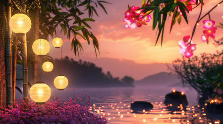 This enchanting evening landscape captures lanterns glowing softly among flowers with a reflective water surface under a colorful twilight sky.の素材