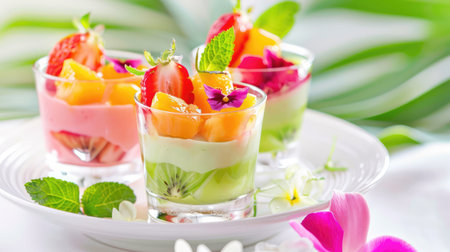 A beautiful arrangement of dessert cups featuring creamy layers and fresh fruit. Ideal for summer gatherings, events, or healthy snacks. Perfectly refreshing.の素材