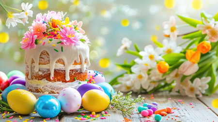 A beautifully arranged spring cake decorated with colorful flowers and festive eggs, evoking joy and celebration for seasonal festivities and Easter events.の素材