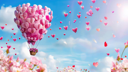 This enchanting image captures a romantic hot air balloon shaped like hearts soaring through a vibrant sky filled with fluffy clouds, perfect for celebrating love.の素材