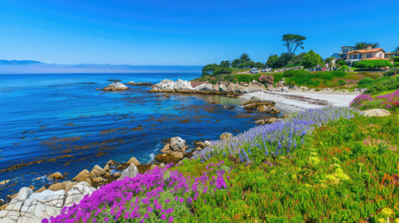 A breathtaking coastal view featuring vibrant flowers along the shoreline, calm ocean waters, and a clear blue sky creating a serene atmosphere.の素材