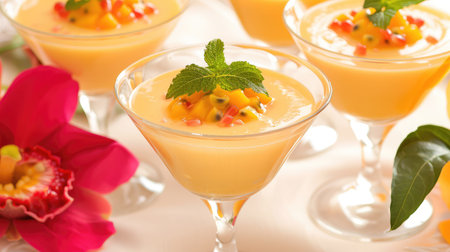 This stunning image features a refreshing tropical dessert served in elegant glasses, garnished with fresh mint and colorful fruit, perfect for summer gatherings.の素材