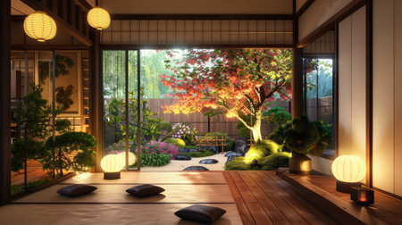 Experience a serene Japanese garden view featuring vibrant autumn foliage, soft lantern light, and a peaceful indoor space for relaxation and reflection.の素材