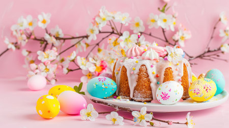 A beautifully arranged cake with pink frosting sits among colorful eggs and delicate flowers, capturing the essence of spring celebrations and joy.の素材