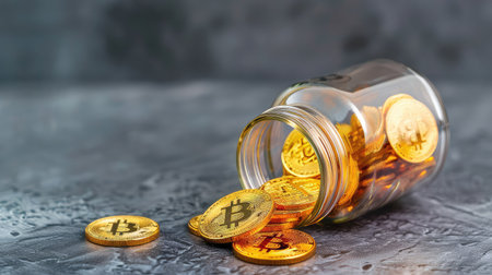 A captivating image of golden bitcoins spilling from a glass jar against a dark textured backdrop, representing the allure of cryptocurrency investment and digital wealth.の素材