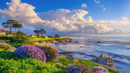 A breathtaking coastal landscape featuring vibrant flowers, calm ocean waves, and a dramatic sky filled with clouds, perfect for capturing nature's beauty.の素材