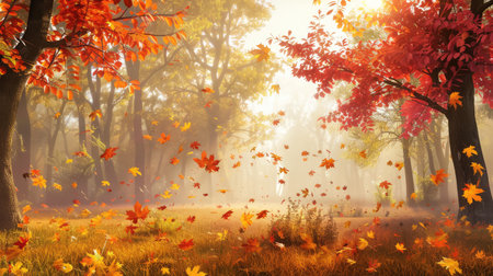 Experience the breathtaking beauty of an autumn forest, where colorful leaves gently fall amidst a serene landscape, bathed in soft morning light.の素材