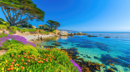 A picturesque coastal scene featuring vibrant flowers in the foreground and crystal clear waters under a bright blue sky. Perfect for relaxation.の素材