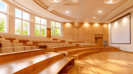This modern auditorium features spacious wooden seating and ample natural light, creating an ideal setting for conferences, seminars, and various events.の素材