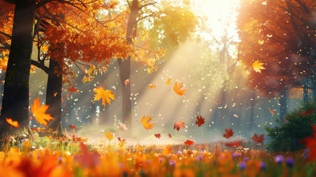 Experience the tranquil beauty of an autumn forest with vibrant golden leaves, soft sunlight filtering through trees, and a serene atmosphere, perfect for nature lovers.の素材