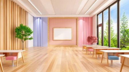 A bright and cheerful classroom interior featuring large windows, colorful decor, and wooden floors, perfect for a vibrant learning environment.の素材