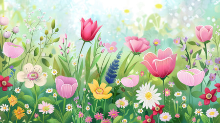 A vibrant illustration of blooming flowers in a lush garden, featuring various colors and types of petals under soft sunlight, creating a cheerful atmosphere.の素材