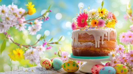 A beautifully decorated cake adorned with colorful flowers and surrounded by pastel Easter eggs, creating a joyful spring celebration scene.の素材