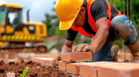 A dedicated construction worker meticulously lays bricks on a building site, showcasing skill and teamwork in a vibrant outdoor environment.の素材