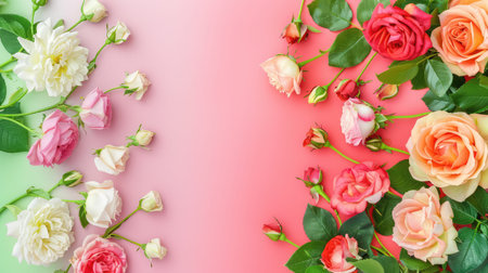 A stunning display of roses and daisies on a gentle gradient background of pink and green, showcasing the beauty of nature and floral elegance. Perfect for various occasions.の素材