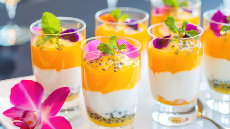 Delight in these beautiful tropical dessert cups featuring layers of creamy yogurt and sweet mango puree, garnished with fresh edible flowers. Perfect for events!の素材