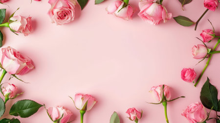 A stunning display of pink roses creates a beautiful frame on a soft pink background. Perfect for romantic themes, weddings, or floral arrangements.の素材