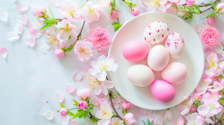 A stunning arrangement of decorative Easter eggs set on a white plate amidst delicate cherry blossoms and petals, creating a serene spring atmosphere.の素材
