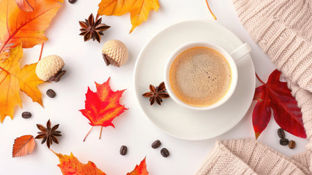 A warm and inviting autumn scene featuring a cup of coffee surrounded by colorful fall leaves and spices, ideal for seasonal lifestyle imagery.の素材
