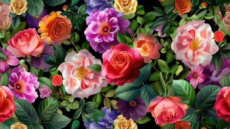 This stunning floral pattern features an array of vibrant roses and lilies surrounded by lush green leaves, perfect for design projects or backgrounds.の素材