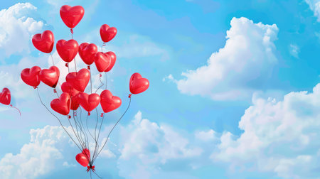 A vibrant display of heart-shaped balloons soaring in a bright blue sky dotted with fluffy white clouds. This image evokes feelings of love, joy, and celebration, perfect for romantic occasions and cheerful events.の素材