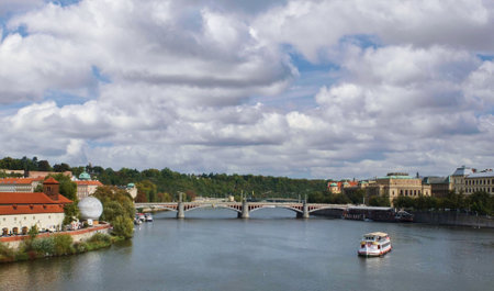 Scenic view of bridge across the river and boat