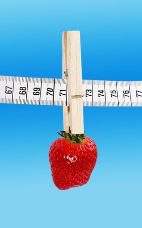 One strawberry hanging on the measuring tape with clothespin isolated on a blue surface.の写真素材