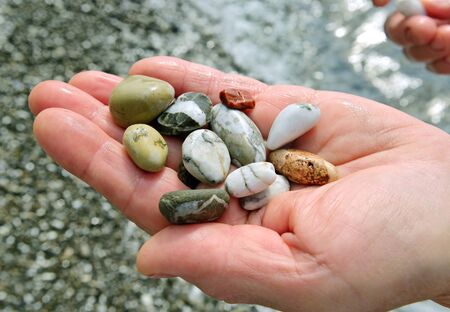 Wet  pebbles on the woman hand.