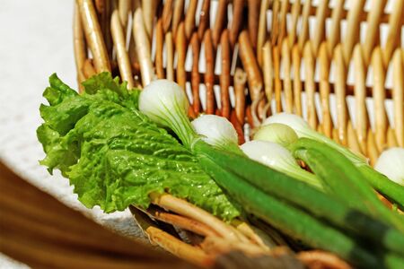 Heap of a green onions and salad in a bag の写真素材