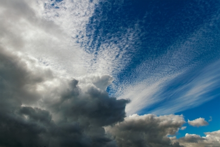 Fluffy grey clouds on a blue sky 