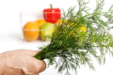 Male hand holding bunch of fresh organic dill の写真素材