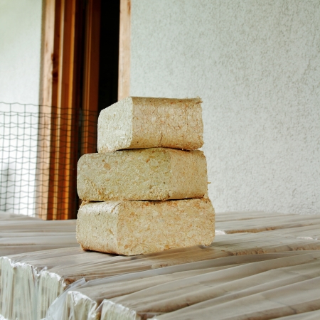 Wood briquettes at the wall of house の写真素材