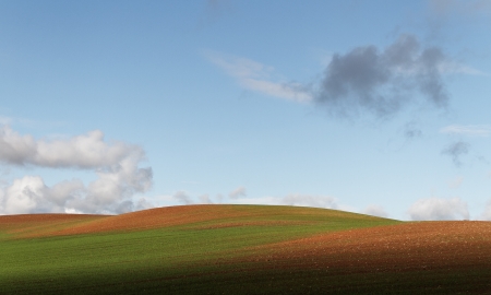 Hill farmland wiht light-weight clouds の写真素材