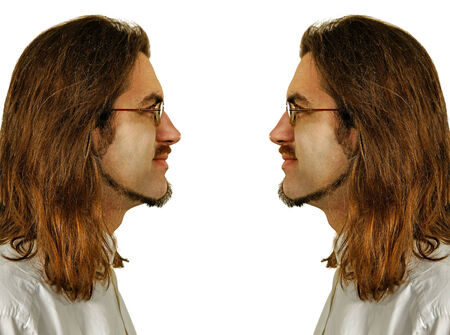 Double men with glasses on white.