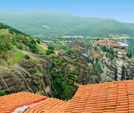 Cloister on mountains in Meteora, Greece.の写真素材