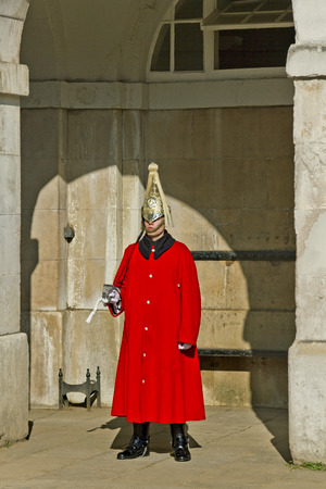 LONDON, UK -MARCH 9: Members of the Queen's Horse Guard on duty. Horse Guards Parade, London on March 9,  2014.のeditorial素材