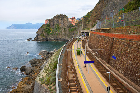 Viev to Manarola station and sea.の写真素材
