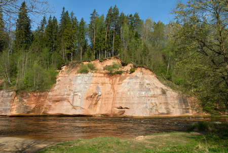 Sandstone cliffs by the river Gauja, national park in Latvia.の写真素材