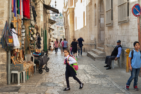 ISRAEL, JERUSALEM - OCTOBER 29: Jerusalem is a city located between the Mediterranean and the Dead Sea.One of the oldest cities in the world. On street of Jerusalem on 29 October 2016.のeditorial素材