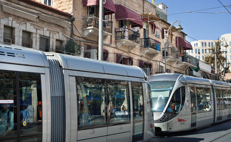ISRAEL, JERUSALEM - OCTOBER 30: Jerusalem is one of the oldest cities in the world. Modern tram on street of Jerusalem on 30 October 2016.のeditorial素材