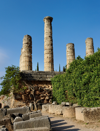 View to the Delphi with ruins of the temple in Greece.