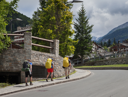 ITALY, COURMAYEUR - JULY 6: Courmayeur is a town in northern Italy, it is located next to Mont Blanc, what is the highest mountain in the Alps. View to the city on 6 July 2018, Courmayeur, Italy.のeditorial素材